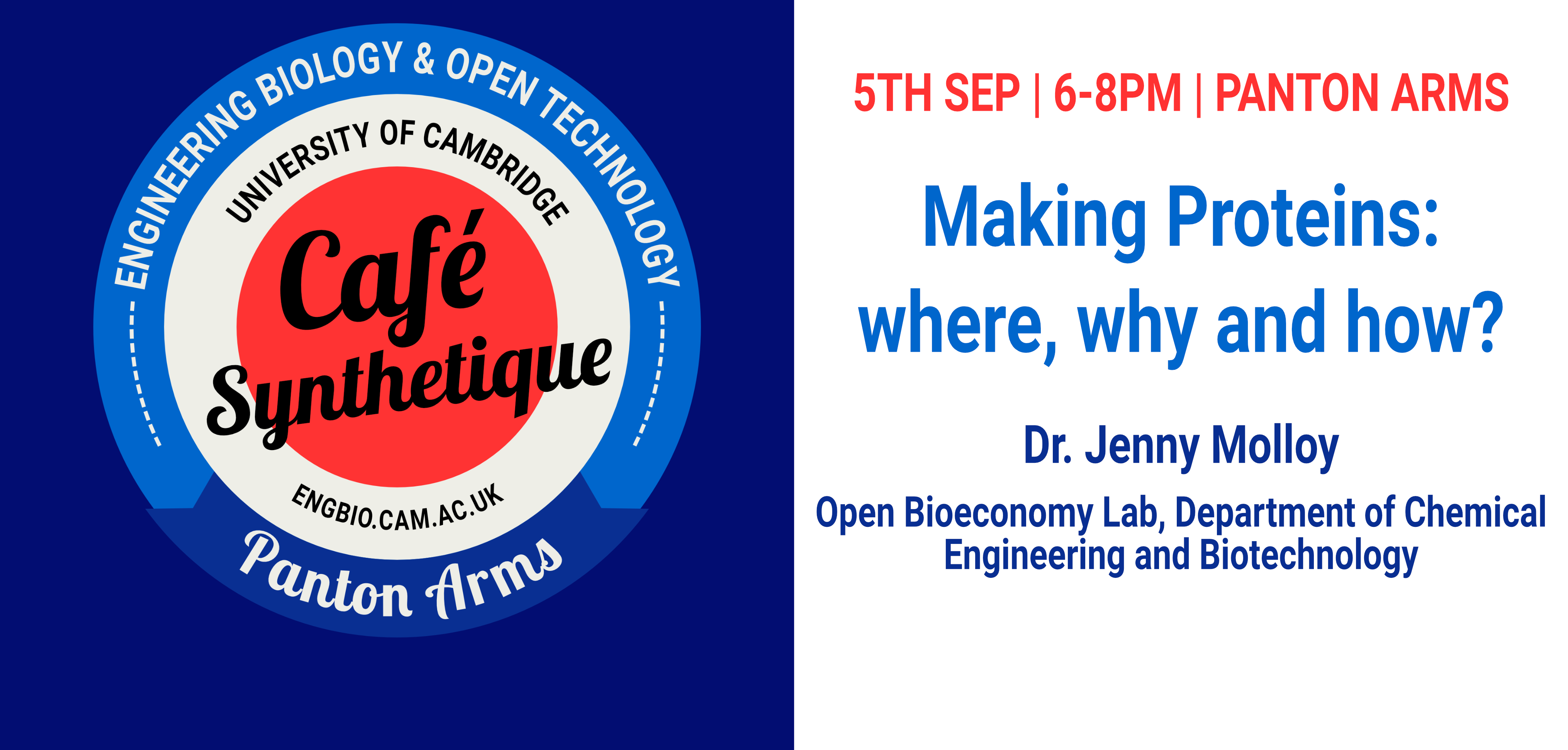 Cafe Synthetique Carousel September 2022 Cafe Synthetique | 5th Sep | 6-8pm | Panton Arms | Making Proteins: where, why and how? | Dr. Jenny Molloy, Open Bioeconomy Lab, Department of Chemical Engineering and Biotechnology | bit.ly/cafesynth-sep22