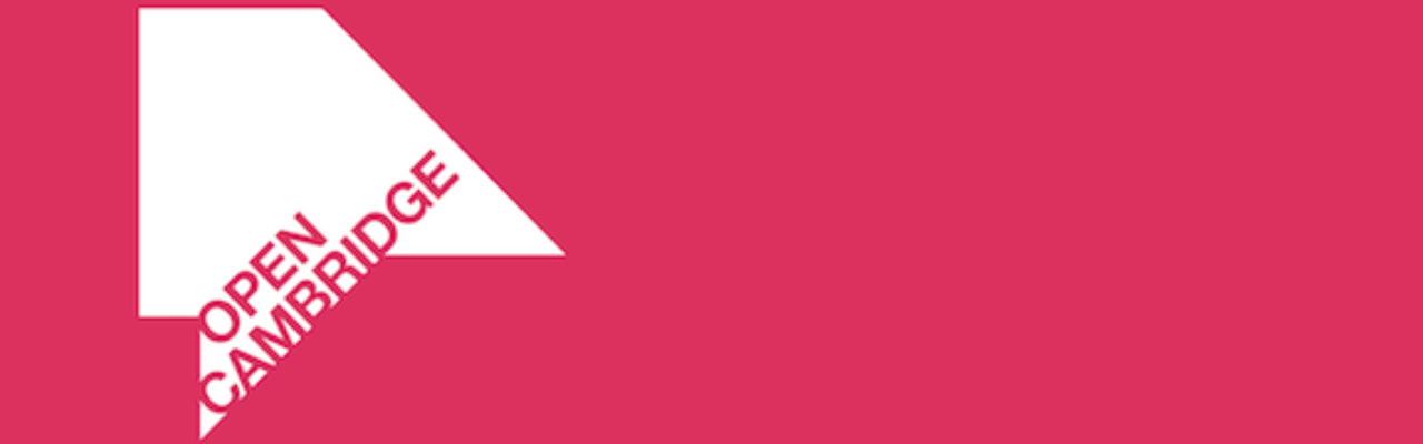 Open Cambridge Banner Pink background with white geometric shape. Words inside read "Open Cambridge"