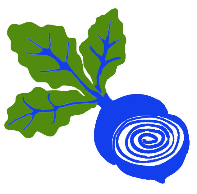 Illustration of a blue beetroot with green leaves