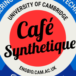 Cafe Synthetique logo of a red white and blue coaster with the text "Cafe Synthetique | 1st Monday of the Month | 6-8pm | Panton Arms | informal talks | discussion & networking | pub snacks & drinks"