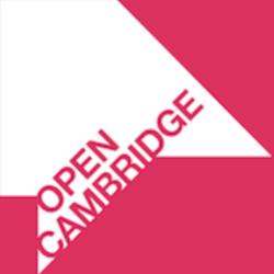Pink background with white geometric shape. Words inside read "Open Cambridge"