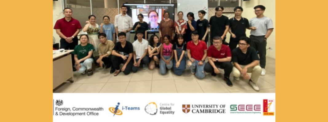 Photo of the first cohort of i-Teams students from the Hanoi Institute of Science and Technology. Below are logos for Foreign, Commonwealth & Development Office, i-Teams, the Centre for Global Equality and the Hanoi Institute of Science and Technology