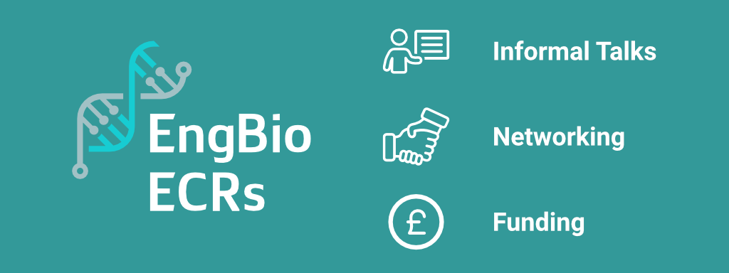 Teal background with EngBio ECR logo next to icons and text reading 'informal talks, networking, funding'