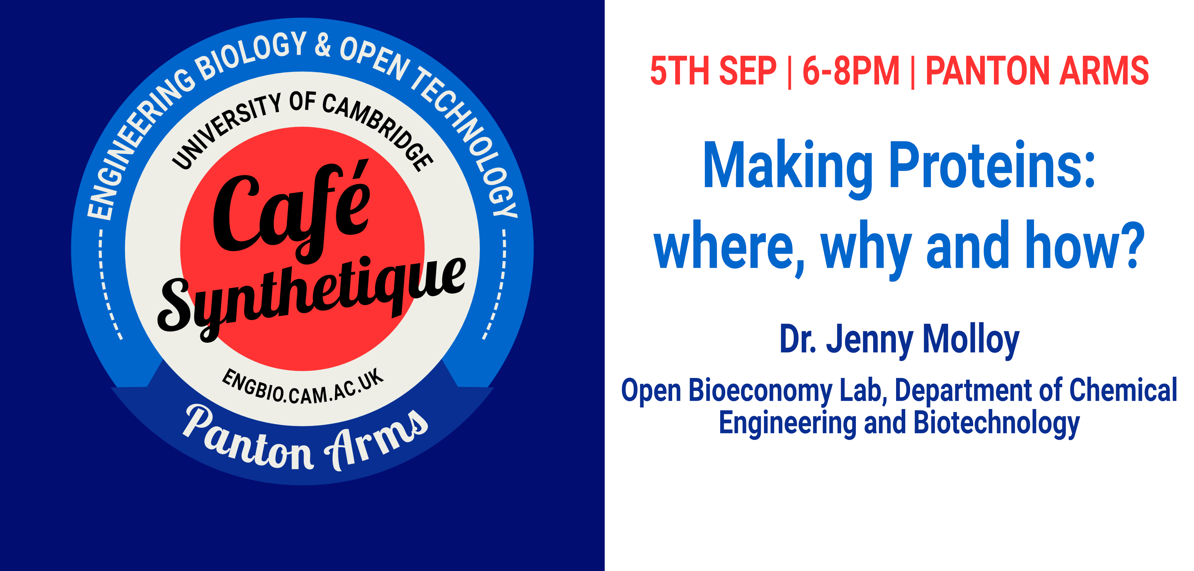 Cafe Synthetique | 5th Sep | 6-8pm | Panton Arms | Making Proteins: where, why and how? | Dr. Jenny Molloy, Open Bioeconomy Lab, Department of Chemical Engineering and Biotechnology | bit.ly/cafesynth-sep22