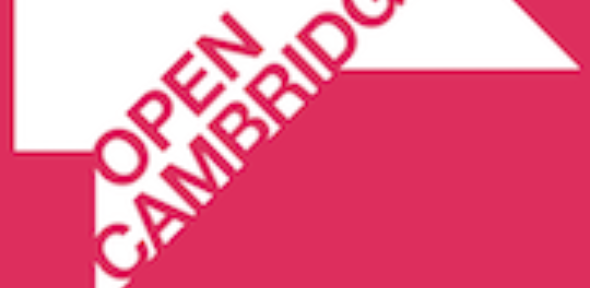 Open Cambridge Logo. Bright pink background with a jaunty angled white shape cutting across. Pink text int he shape reads 'Open Cambridge' in capitals.